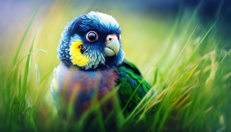 Parrot in the green grass. Close-up of a parrotの素材
