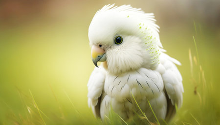 White parrot on the green grass in the park, close upの素材