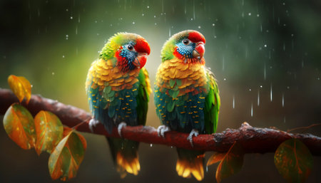 Two parrots in the rain. Wildlife scene from tropical nature.の素材
