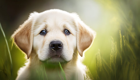 Labrador retriever puppy in the green grass on a sunny dayの素材