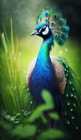 Peacock with colorful feathers in the forest, close-upの素材