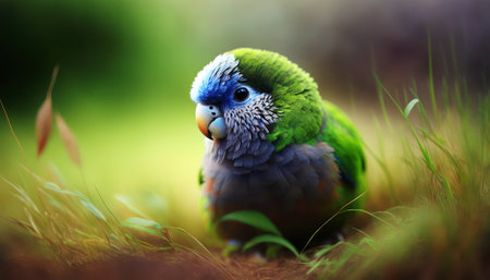 Portrait of a beautiful parrot sitting on the ground in the gardenの素材
