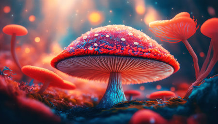 Fantasy mushroom in the forest. 3d illustration. Fantasy landscape.の素材