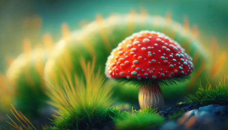 Fly agaric mushroom in the moss. Beautiful nature background.の素材