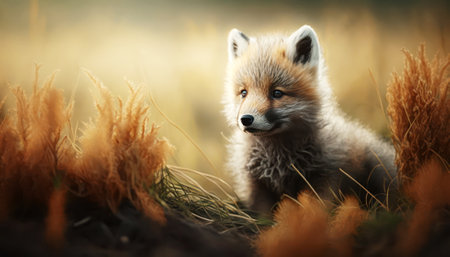 Cute little fox in autumn forest. Little fox in the grassの素材
