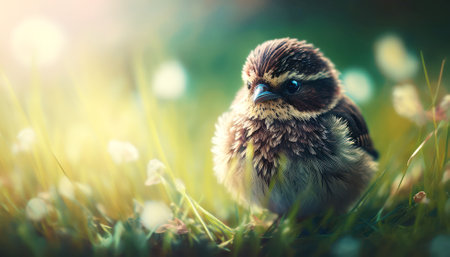 Little chick on the green grass with flowers in the morning light.の素材