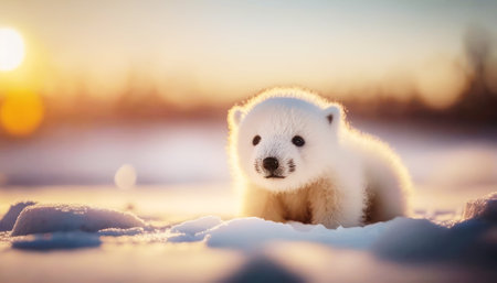 Polar bear cub sitting on the snow at sunset. Polar bear cubの素材
