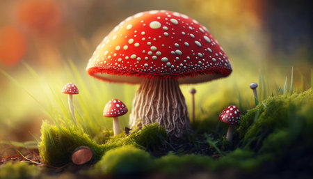 Fly agaric mushroom in the forest. Red fly agaric mushroomの素材