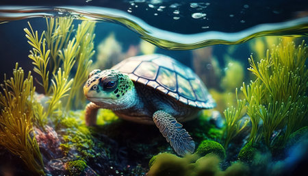 Turtle swimming underwater in the aquarium. Aquarium with corals and algae.の素材