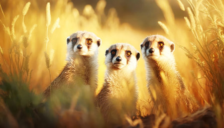 Group of meerkats in the meadow. Wildlife scene from nature.の素材