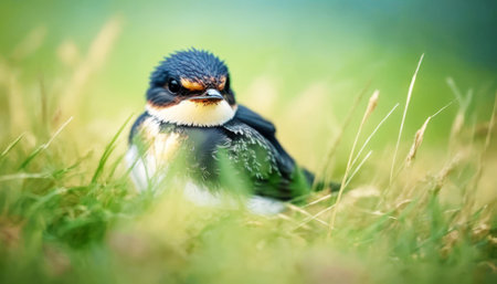 Swallow (Hirundo rustica) sitting on a grassの素材