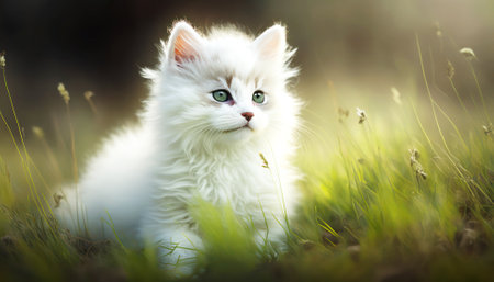 Portrait of a white kitten with green eyes in the grass.の素材