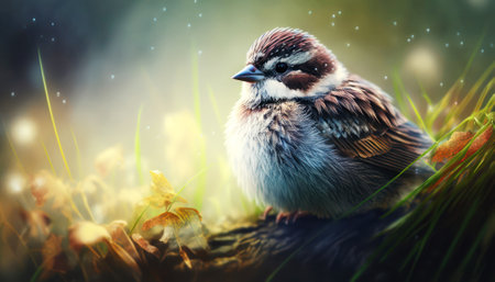 Sparrow sitting on a branch in an autumn forest gladeの素材