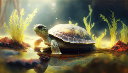 Turtle in the aquarium. Underwater world. 3d renderingの素材