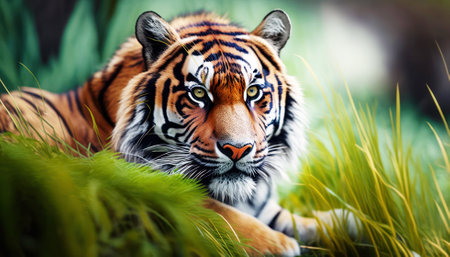 Siberian tiger in the green grass. (Panthera tigris altaica)の素材
