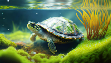 Turtle swimming in the water. Sea life. Aquarium.の素材