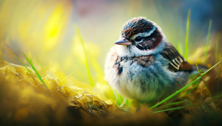 Little sparrow sitting on the green grass in the autumn forest.の素材