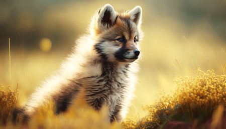 Portrait of a young red fox in the meadow at sunsetの素材