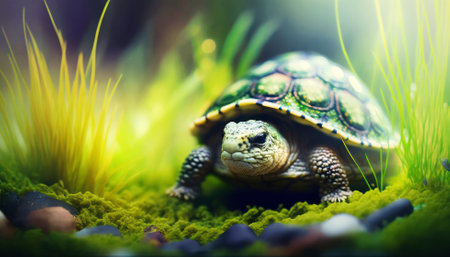 Turtle in the green grass, soft focus and shallow depth of fieldの素材