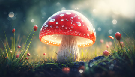 Fly agaric mushroom in the forest. Beautiful nature background.の素材
