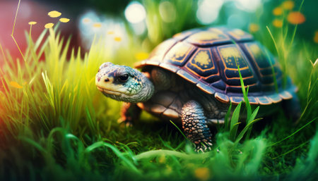 turtle in the grass on a background of green grass and flowersの素材