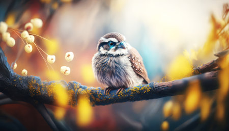Sparrow sitting on a branch with yellow flowers in the autumn forestの素材