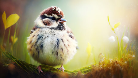 Little sparrow sitting on a green grass in the spring forest.の素材