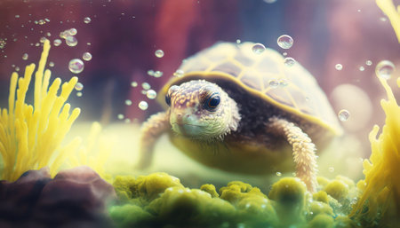Turtle swimming in the tank. Underwater world. Sea life.の素材