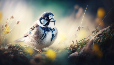 Little bird on green grass with white flowers. Spring nature background.の素材