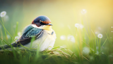 Close up of a little barn swallow sitting on the grass in springの素材