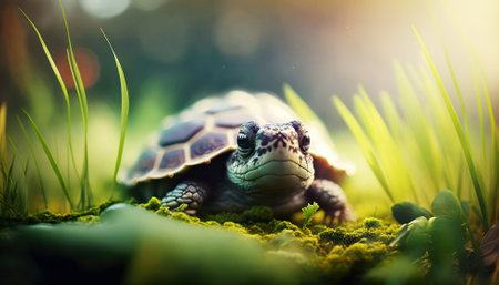 Turtle in the green grass, soft focus, shallow depth of fieldの素材