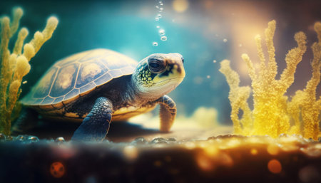 Turtle swimming in the aquarium. Underwater world. Underwater world.の素材
