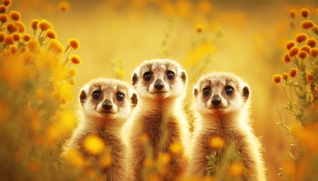 Group of meerkats standing in the meadow with yellow flowersの素材