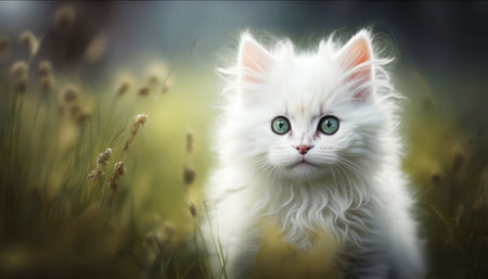 White kitten with green eyes on a background of grass and flowers.の素材