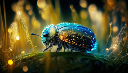 Macro shot of a beetle on a blade of grass with lightsの素材