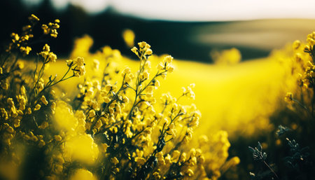 Beautiful landscape with yellow rapeseed field at sunset. Selective focus.の素材