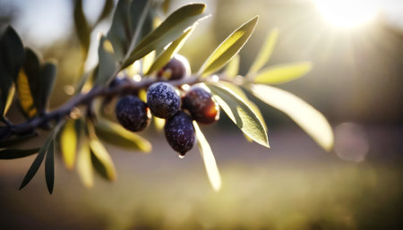 Olive branch with ripe olives in olive grove at sunset.の素材