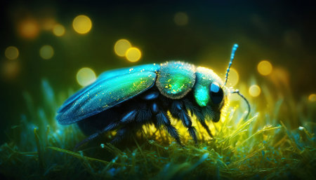 Macro shot of a beetle on grass with bokeh backgroundの素材