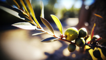 Olive tree branch with green olives and leaves. Selective focus.の素材