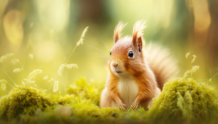 Cute red squirrel sitting on green moss in the forest and looking at cameraの素材