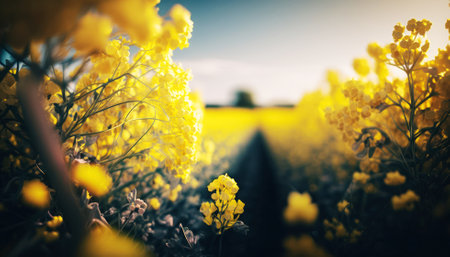 Beautiful blooming rapeseed field in spring time. Filtered image processed vintage effect.の素材