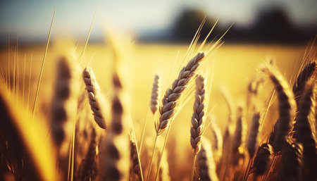 Wheat field. Ears of golden wheat close-up. Beautiful rural landscape.の素材