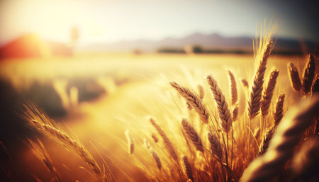 Wheat field and sun. Beautiful Nature Sunset Landscape. Rural Scenery.の素材