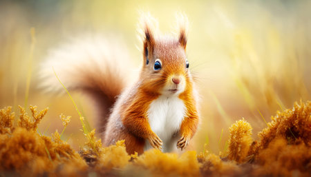 Red squirrel in the autumn forest. Wild animal in the nature.の素材
