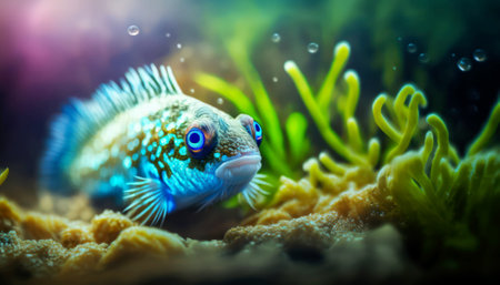 Beautiful blue cichlid fish in aquarium. Underwater world.の素材