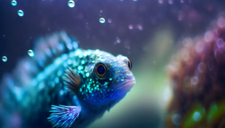 close-up of a blue fish in an aquarium with bubbles.の素材