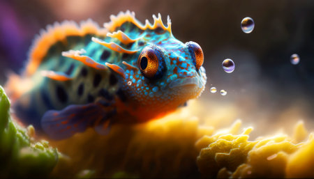 Colorful tropical fish in aquarium with water drops. Underwater world.の素材