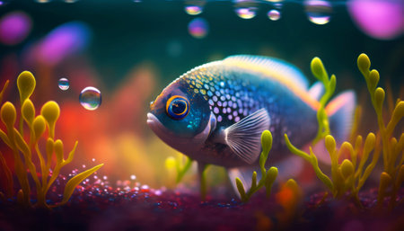 Tropical fish in an aquarium with seaweed and bubbles.の素材