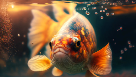 Beautiful goldfish swimming in the aquarium. Close-up.の素材