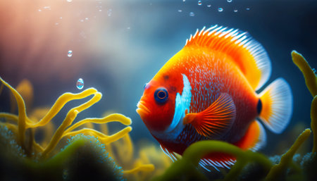 Tropical fish in the aquarium. Beautiful underwater world with corals and tropical fish.の素材